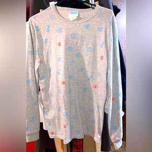 Gray with blue and pink champion shirt, size: medium,